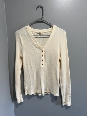 Madewell Cream Ribbed V-Neck Henley Long Sleeve Top